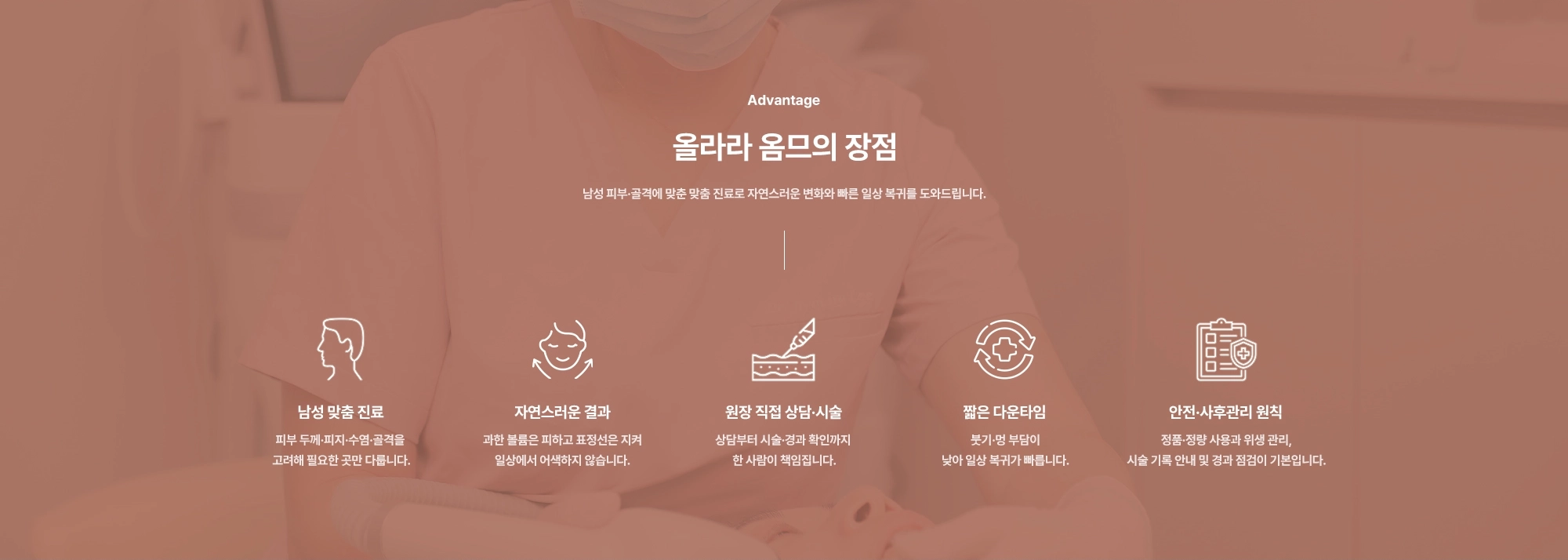 [올라라 옴므의 장점] 남성 맞춤 진료 · 자연스러운 결과 · 원장 직접 상담·시술 · 짧은 다운타임 · 안전·사후관리 원칙