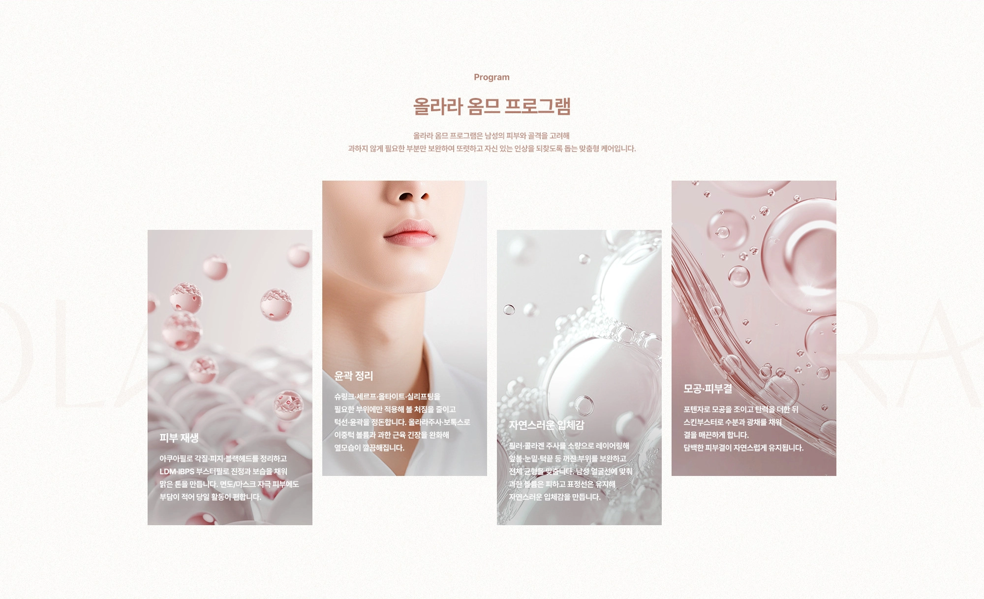 [올라라 옴므 프로그램] 올라라 옴므 프로그램은 남성의 피부와 골격을 고려해 과하지 않게 필요한 부분만 보완하여 또렷하고 자신 있는 인상을 되찾도록 돕는 맞춤형 케어입니다. (피부 재생, 윤곽 정리, 자연스러운 입체감, 모공·피부결)